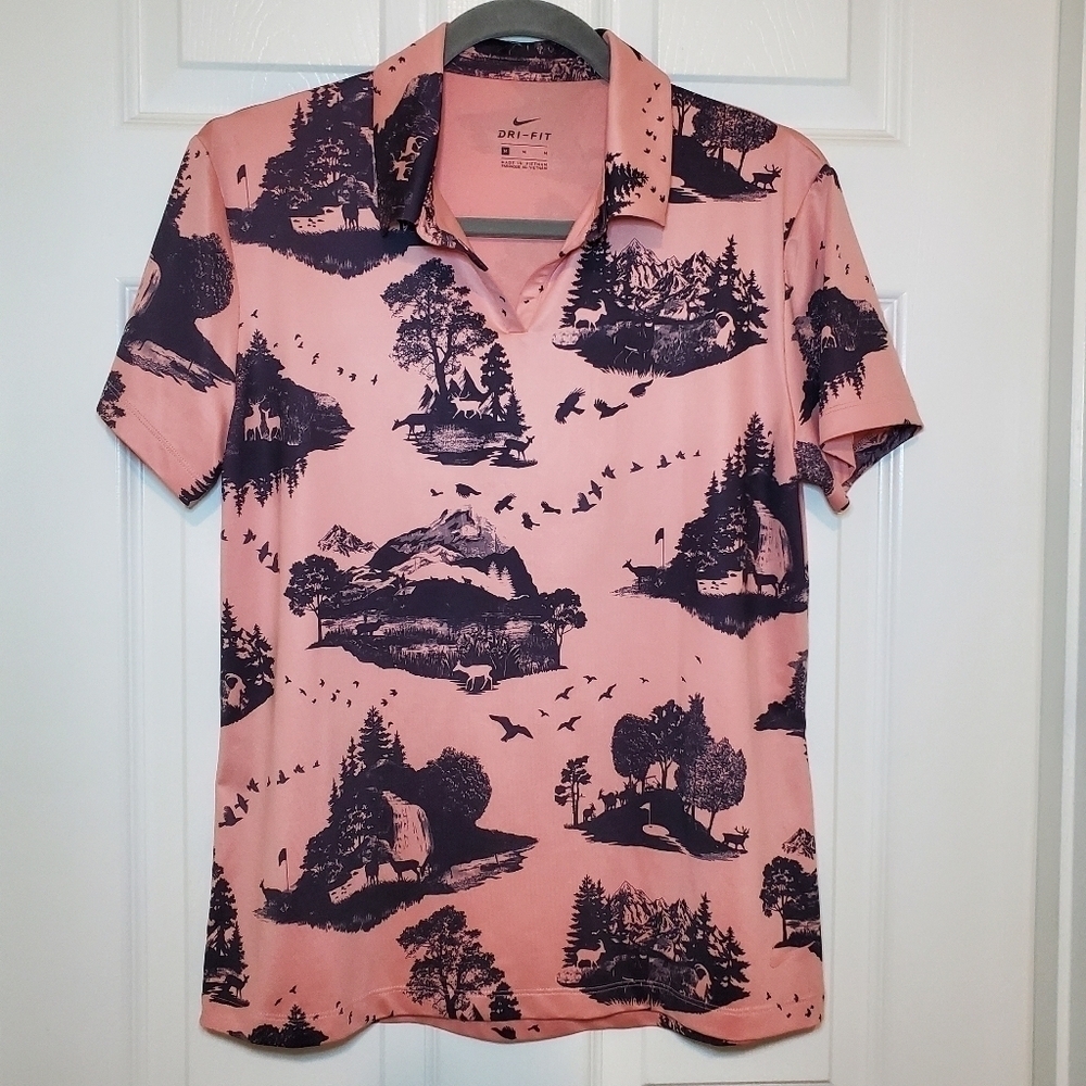 Nike Women's Dri Fit Polo Pink Quartz Wildlife Print UPF40+ Sz M
